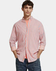 Scotch & Soda Dobby Long Sleeve Shirt | Coral Stripe