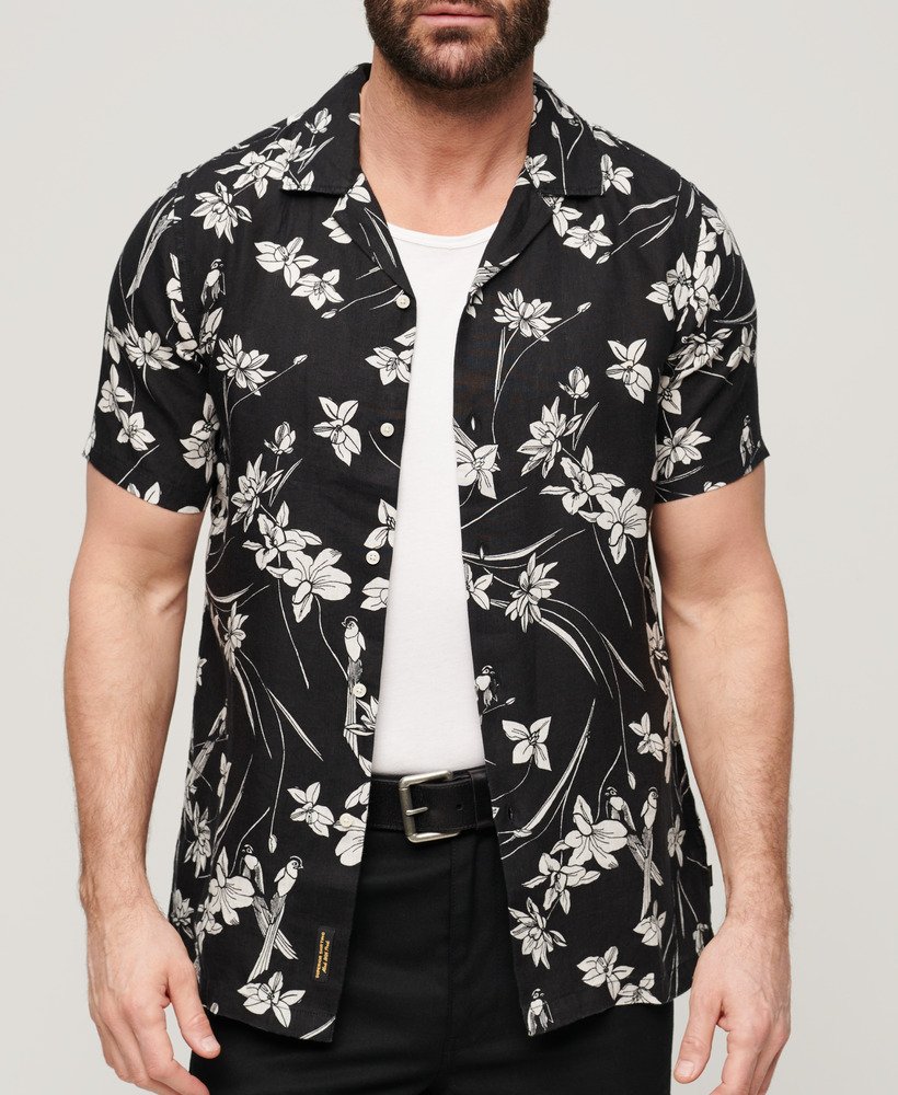 Superdry Printed Linen Short Sleeve Shirt | Black Lotus Flower