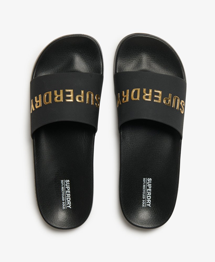 Superdry Vegan Logo Pool Slides | Black Metallic